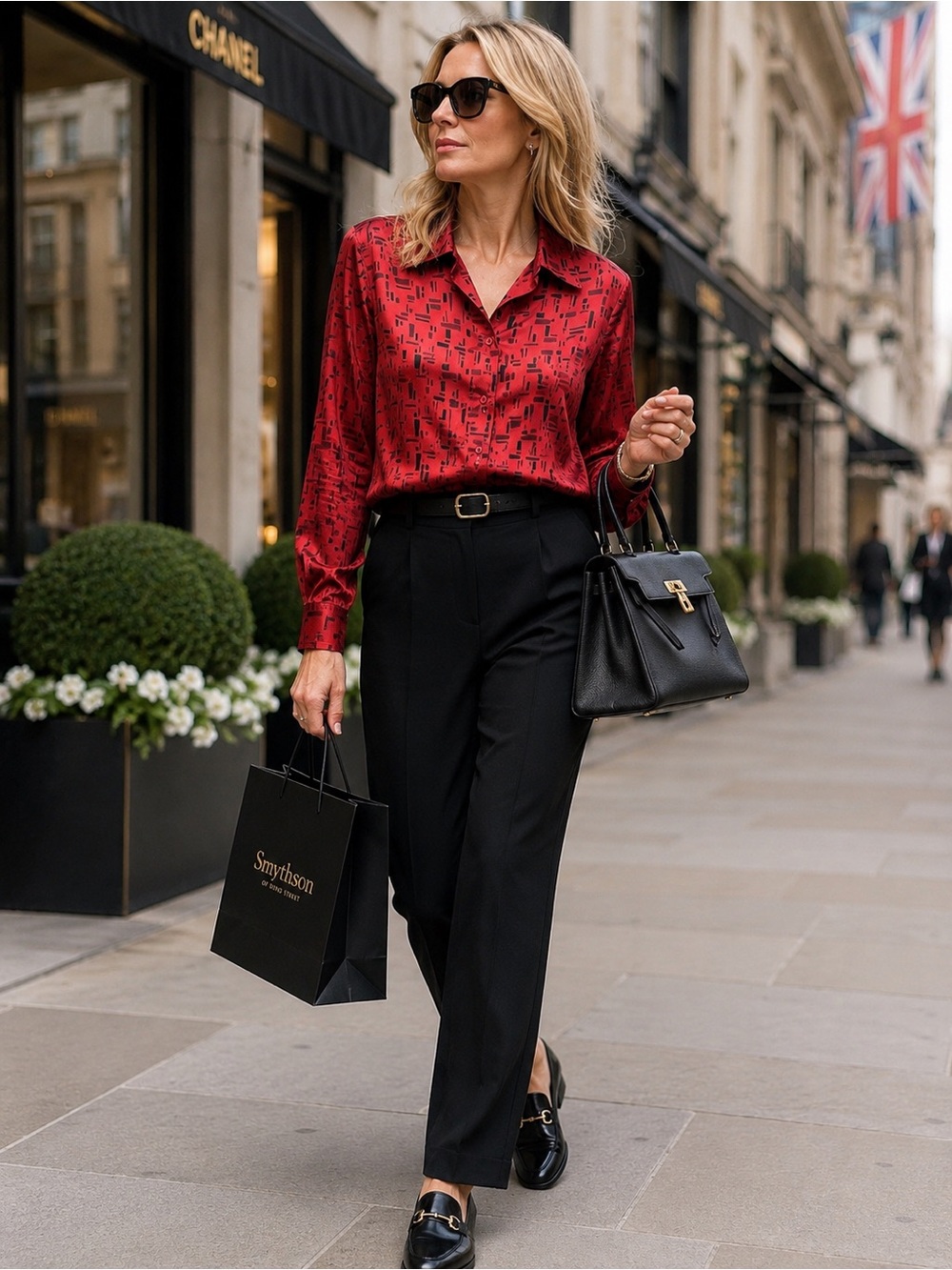 Silk-Feel Red Printed Button-Front Blouse
